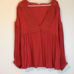 ODDY Orange-Redish Crochet V-Neck Blouse